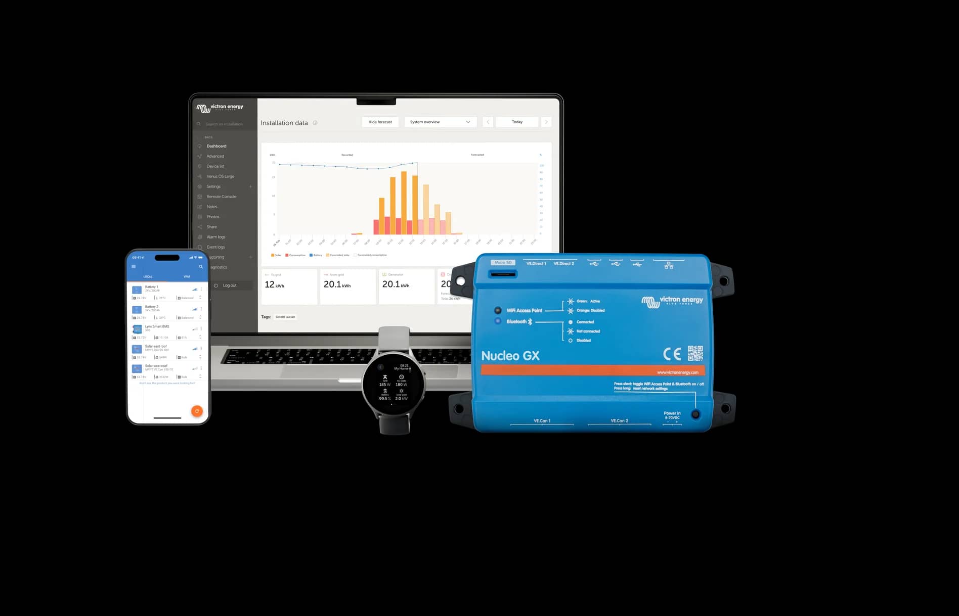 Portalul VRM și aplicația VictronConnect monitorizând un sistem Nucleo GX